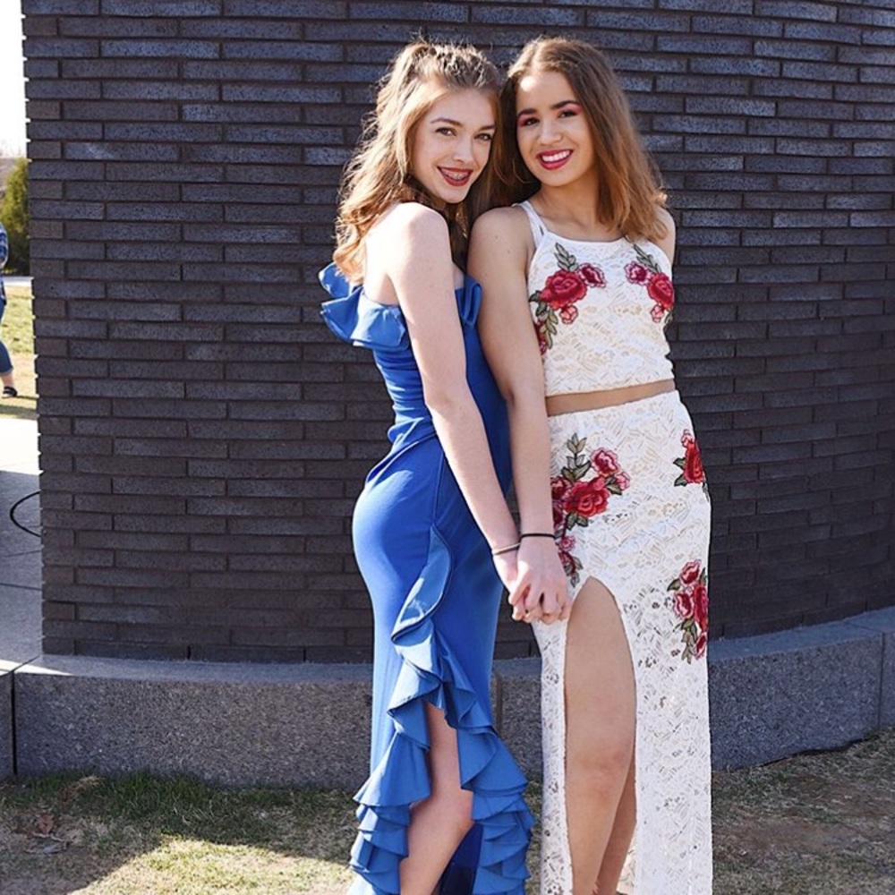 White two piece lace rose prom dress